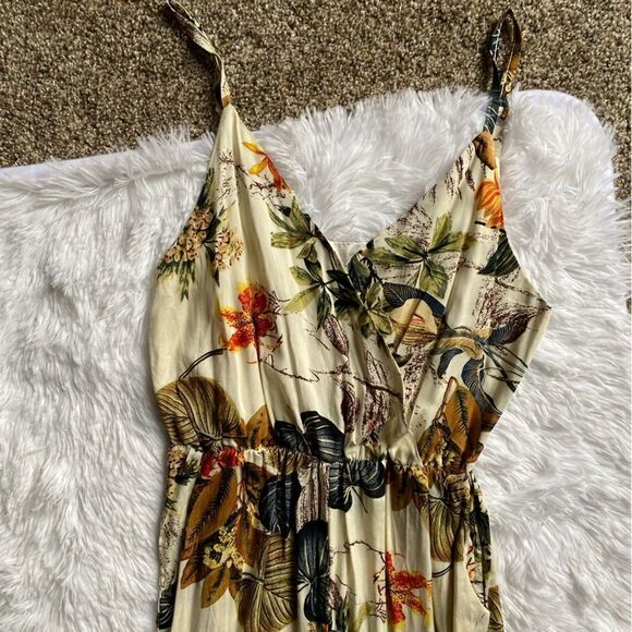 Tropical Hawaiian Floral Pants Jumpsuit Slit Legs Tie Ankle Elastic Waist Thin - Picture 3 of 10